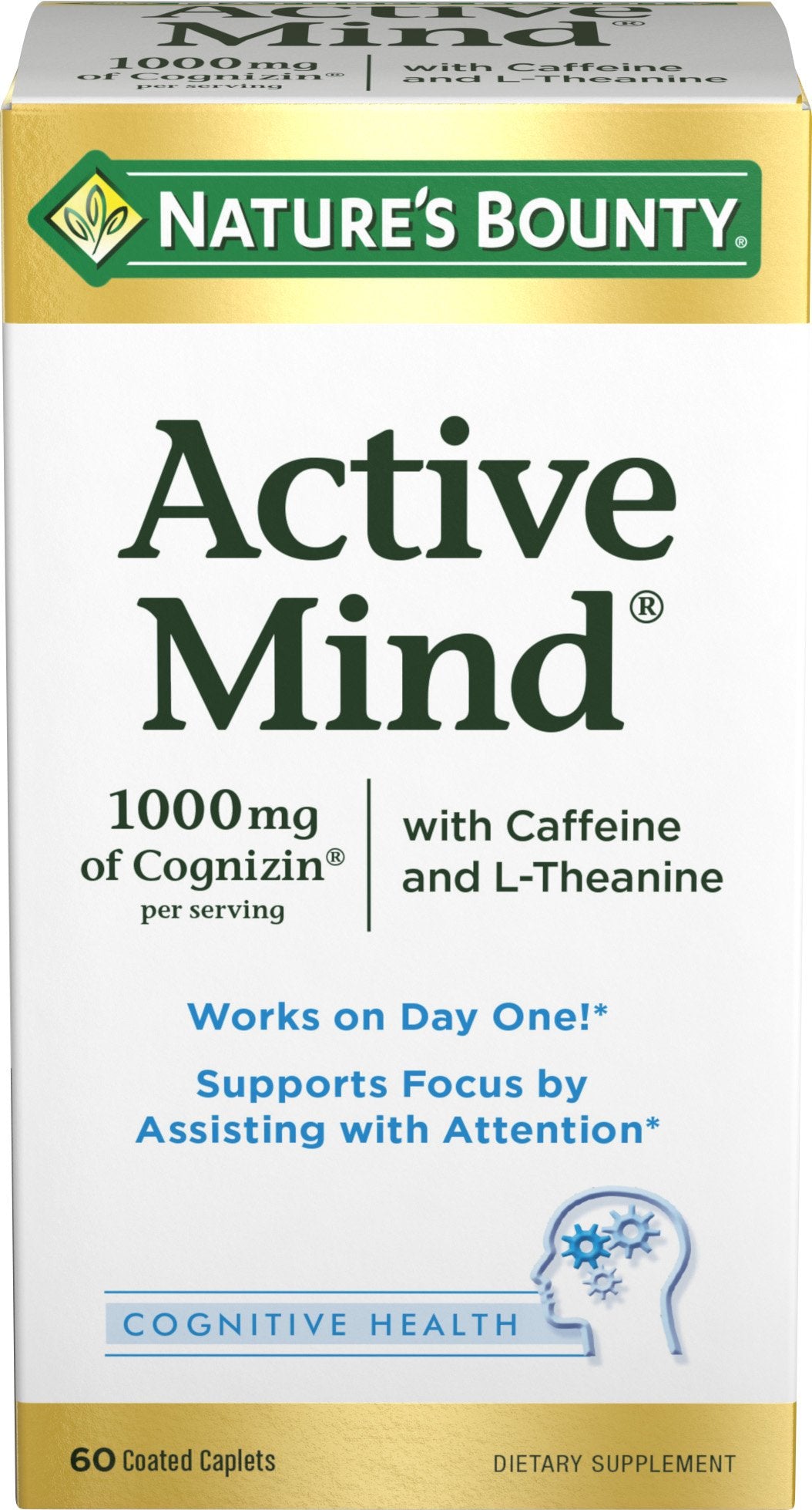 Nature&#39;s Bounty Active Mind Dietary Supplement, Supports Focus and Attention, 1000 mg Cognizin with L-Theanine and Caffeine Pills, 60 Caplets