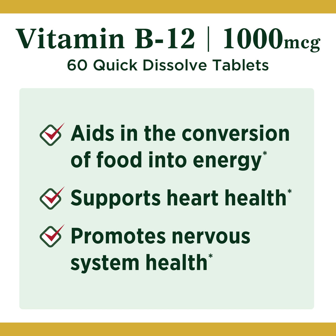 Nature&#39;s Bounty Vitamin B12, Supports Energy Metabolism and Nervous System Health, 1000mcg, 60 Quick Dissolve Tablets