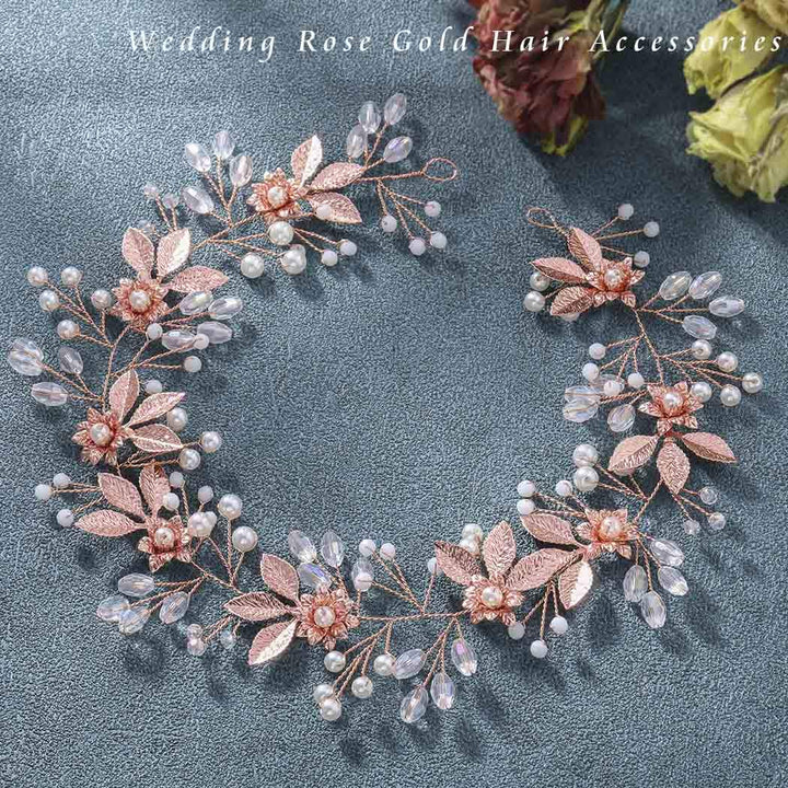 Bride Flower Wedding Hair Vine Rose Gold Leaf Bridal Headband Pearl Hair Accessories for Women and Girls