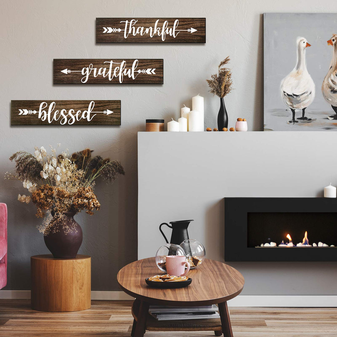 3 Pieces Thankful Grateful Blessed Wall Decor Thankful Wooden Signs Rustic Hanging Arrow Wall Signs Wall Art Decor for Farmhouse Outdoor Living Room Bedroom Kitchen Decorations (Brown)
