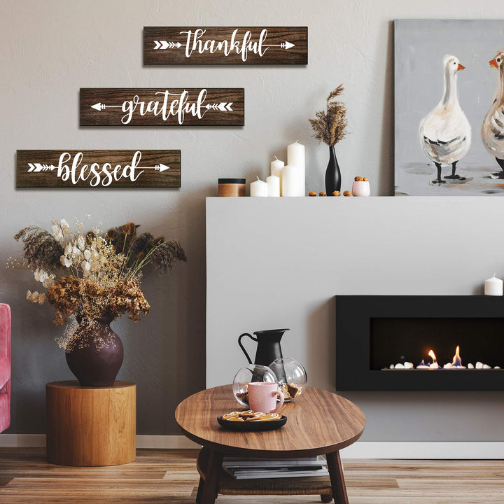 3 Pieces Thankful Grateful Blessed Wall Decor Thankful Wooden Signs Rustic Hanging Arrow Wall Signs Wall Art Decor for Farmhouse Outdoor Living Room Bedroom Kitchen Decorations (Brown)