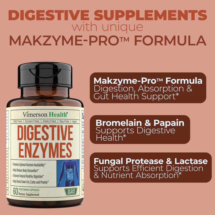 Digestive Enzymes - Probiotic Multi Enzyme (Enzimas Digestivas) - Digestive Supplements with Unique Makzyme-Pro Formula - Advanced Enzymes for Digestion, Bowel Movements &amp; Nutrient Absorption. 60 Caps