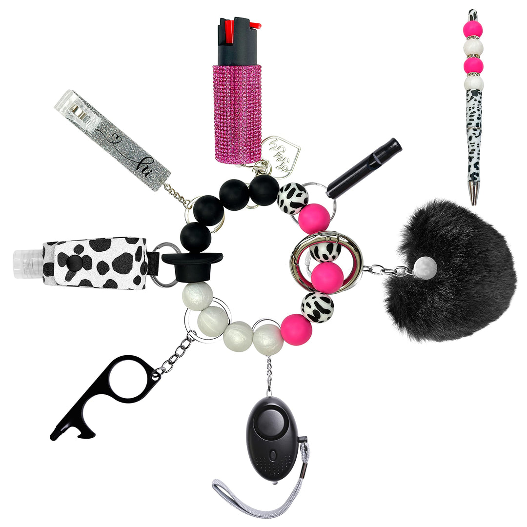 Safety Keychain Set for Women and Girls Including Beaded Wristlet, Air Tag, Credit Card Puller and Personal Alarm