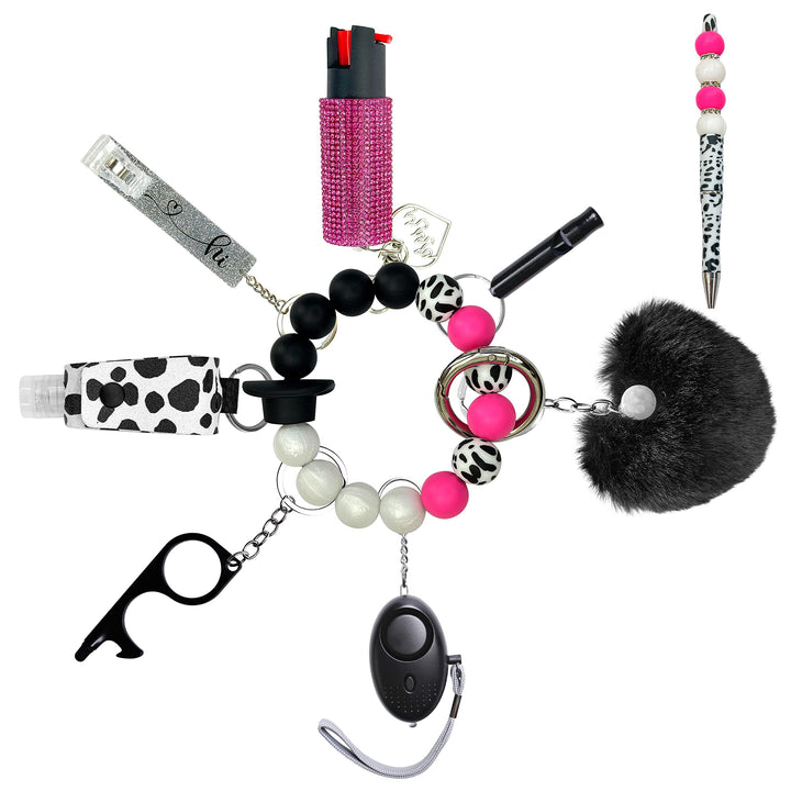Safety Keychain Set for Women and Girls Including Beaded Wristlet, Air Tag, Credit Card Puller and Personal Alarm