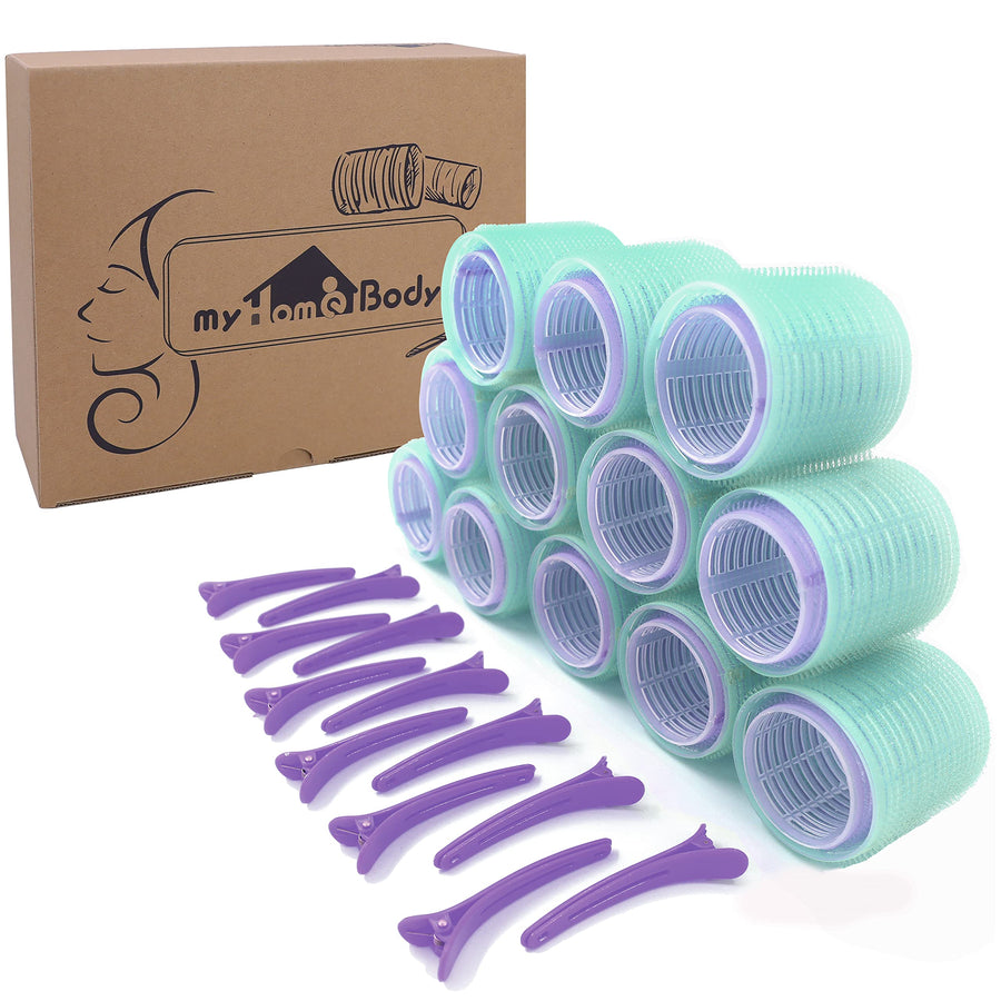 Self Grip Extra Large and Jumbo Hair Rollers with Clips | Hair Rollers for Long Hair | 36 pcs Set - 24 Rollers & 12 Duckbill Clips – Violet & Mint