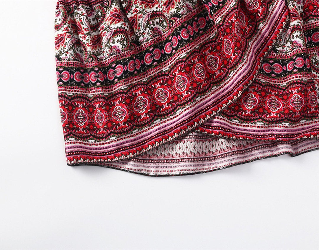 Women Boho Print High Waist Side Wrap Bohemian Asymmetric Hem Maxi Long Wrap Skirts One Size(red)