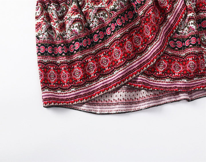 Women Boho Print High Waist Side Wrap Bohemian Asymmetric Hem Maxi Long Wrap Skirts One Size(red)