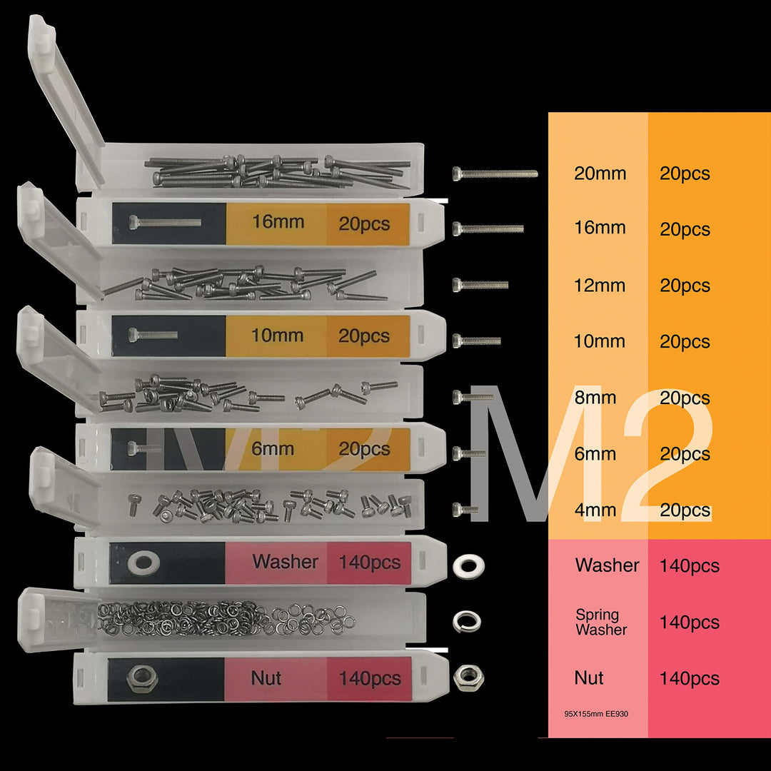 M2 540pcs Hex Socket Head Cap Screws Nuts Bolts Kit Stainless Steel M2 x 4 6 8 10 12 16 20 mm Screws Assortment Set with Assorted Washer Spring Washer and Nuts, Individual Slots and lids