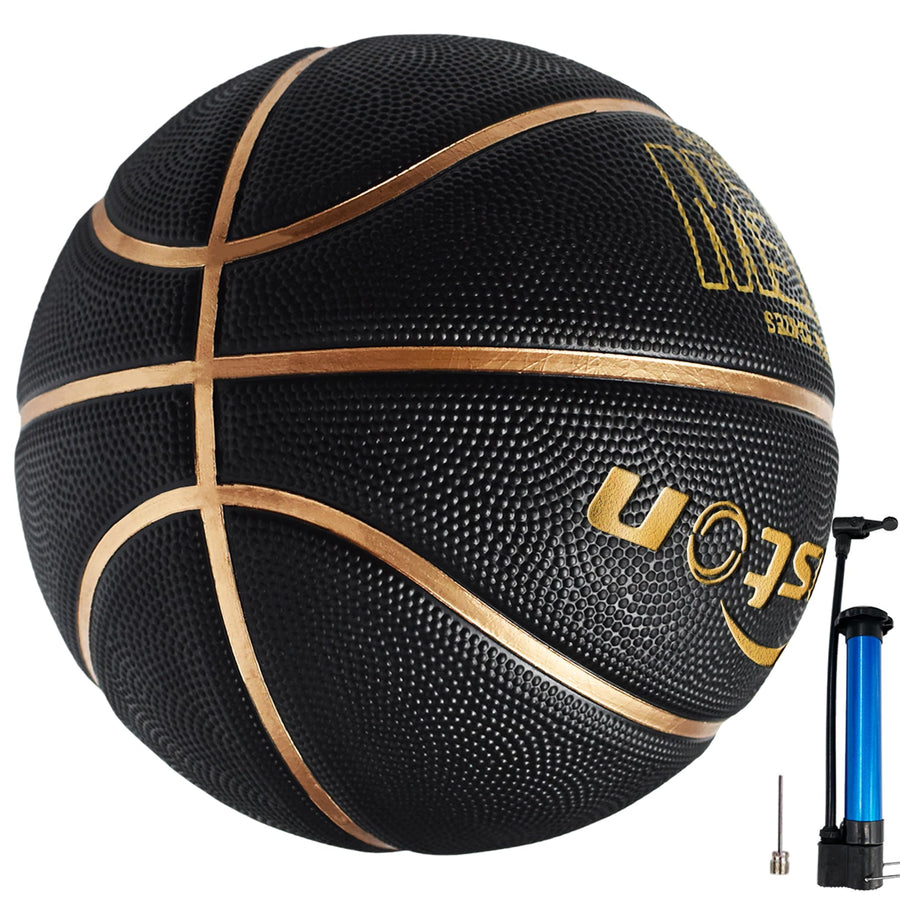 29.5'' Basketball Outdoor Indoor Rubber Basketball Ball Official Size 7 Street Basketball with Pump Black/Gold
