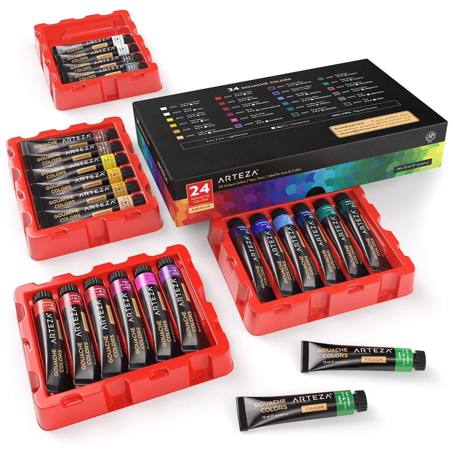 Gouache Paint, Set of 24, 12ml/0.4 US fl oz Gouache Paint Tubes, Gouache Set for Adults and Students