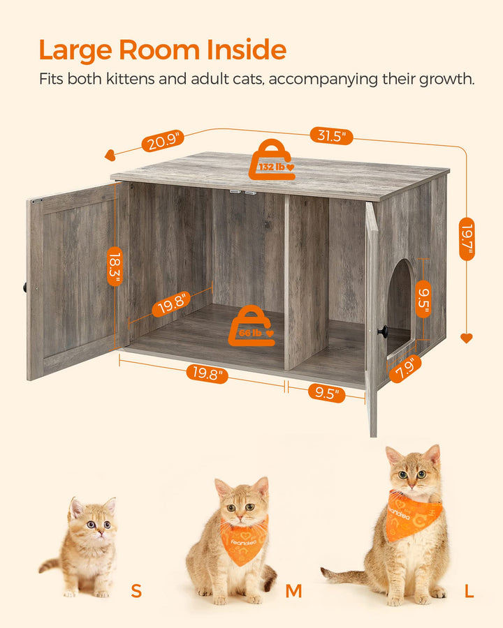 Cat Litter Box Enclosure, Litter Box Furniture Hidden with Removable Divider, Indoor Cat House, End Table, 31.5 x 20.9 x 19.7 Inches, Rustic Brown and Black UPCL002X02