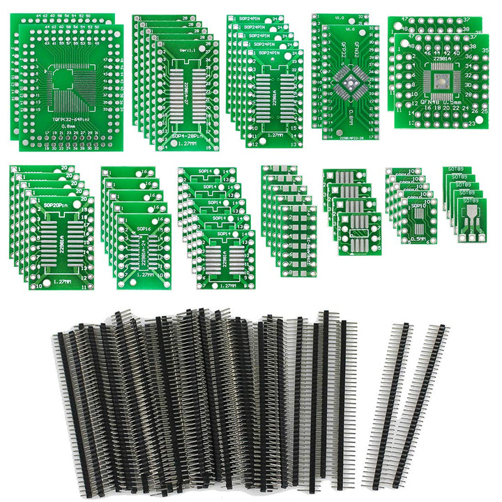 12 Types SMD to DIP Adapter PCB Proto Board Kit SOP8 SOP10 SOP14 SOP16 SOP20 SOP24 SOP28 0402/0603/0805 SMT SOT89/SOT223 TQFP100 QFN32 QFN44/48 with 40pcs 2.54mm Pin Header