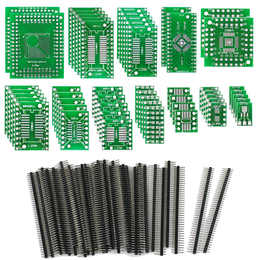 12 Types SMD to DIP Adapter PCB Proto Board Kit SOP8 SOP10 SOP14 SOP16 SOP20 SOP24 SOP28 0402/0603/0805 SMT SOT89/SOT223 TQFP100 QFN32 QFN44/48 with 40pcs 2.54mm Pin Header