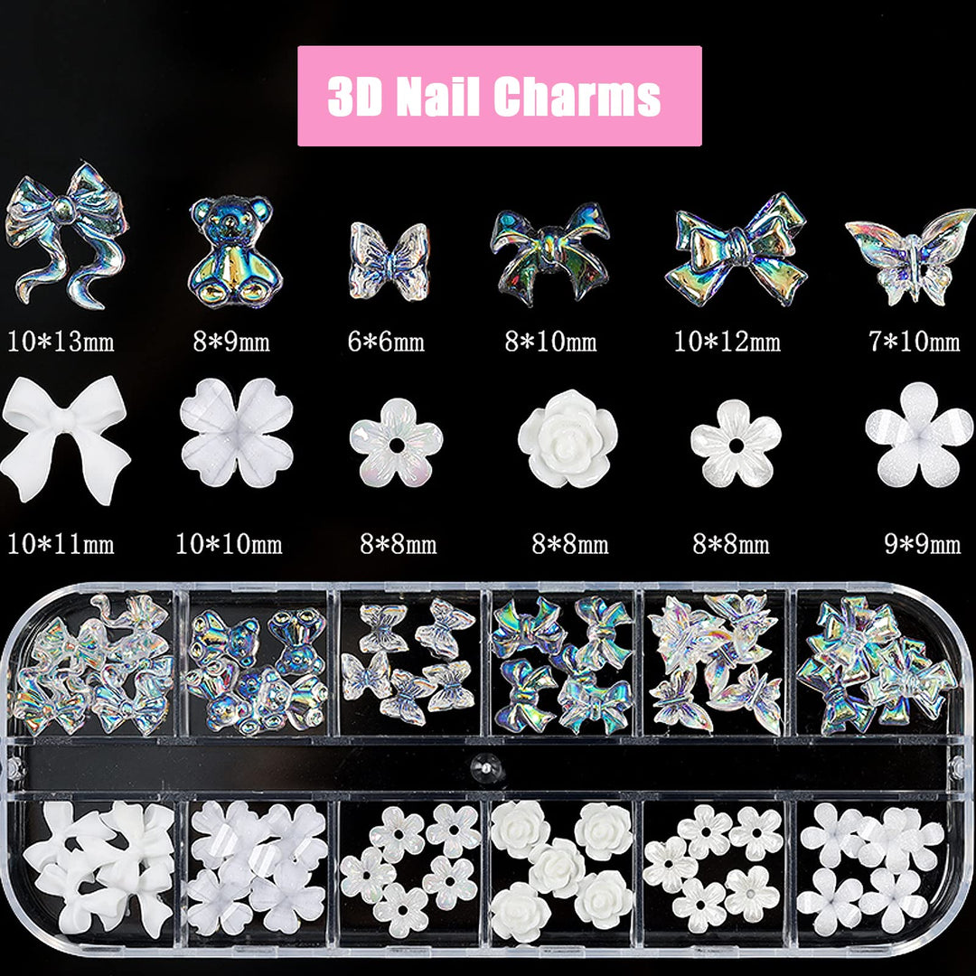 3D Acrylic Butterfly White Flowers Bear Nail Charms Kawaii Nail Charms Mixed Starry AB Crystal Nail Rhinestones Multi Sizes Crystal Gems Stones for Nail Art DIY Jewelry Accessories Crafting