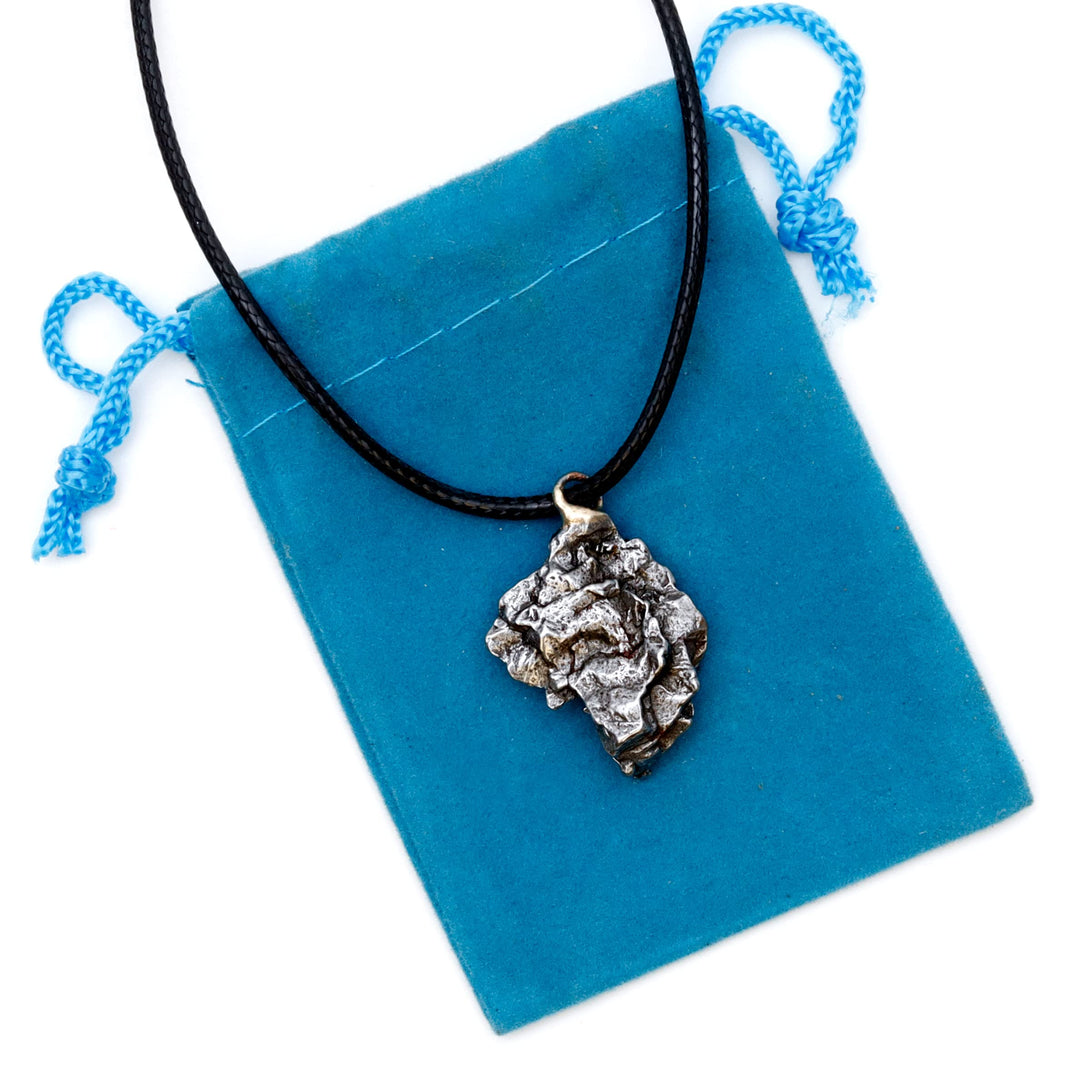 Authentic Meteorite Pendant Necklace with Adjustable Waxed Cotton Cord, Packaged in a Velvet Pouch inside Wooden Handcrafted Pirate Treasure Chest Box, Bonus Educational Card, Dancing Bear Brand.