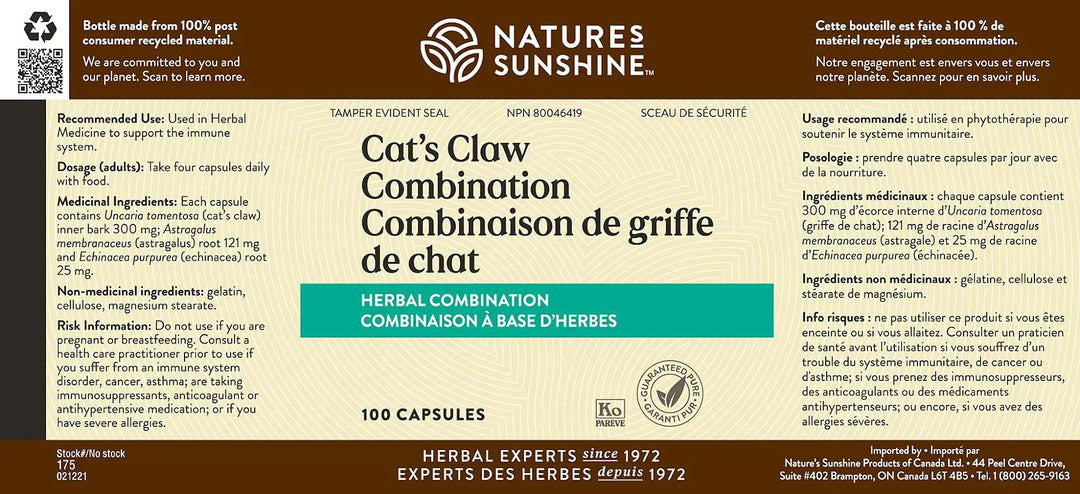 Nature&#39;s Sunshine Una de Gato (Cats Claw) 100 Capsules | Supports the Immune System and Provides Natural Herbs to Help the Digestive Tract
