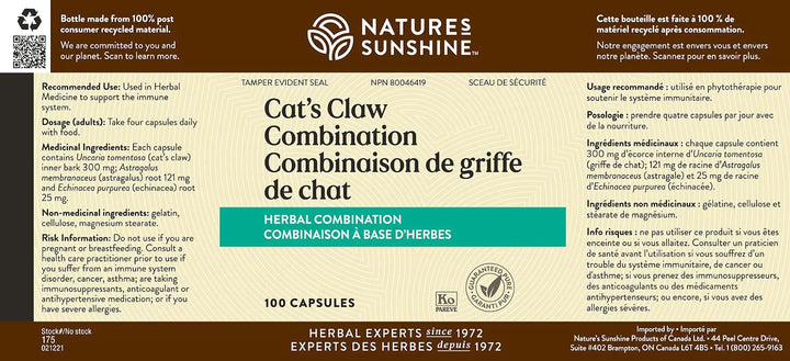 Nature&#39;s Sunshine Una de Gato (Cats Claw) 100 Capsules | Supports the Immune System and Provides Natural Herbs to Help the Digestive Tract