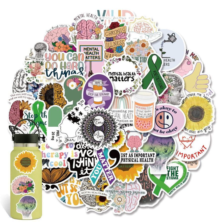 Mental Health Awareness Stickers, 52Pcs Vinyl Waterproof Mental Health Decals for Hydro Flask, Water Bottle, Laptop,Skateboard, Computer,Phone