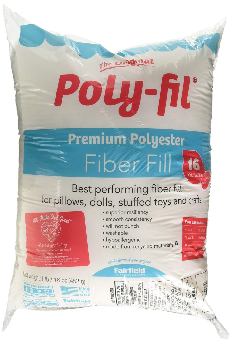 Fairfield The Original , Premium Polyester Fiber Fill, Soft Pillow Stuffing, Stuffing for Stuffed Animals, Toys, Cloud Decorations, and More, Machine-Washable Fiber Fill, 16-ounce Bag