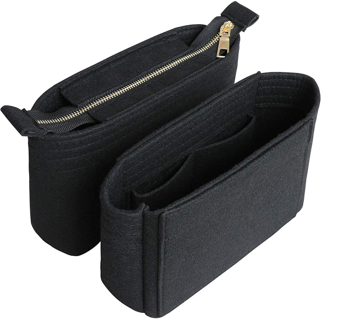 Felt Insert Bag Organizer with Zipper, Small Handbag Purse Organizer Tote Liner Pouch for Women, 2 Pcs Set Black