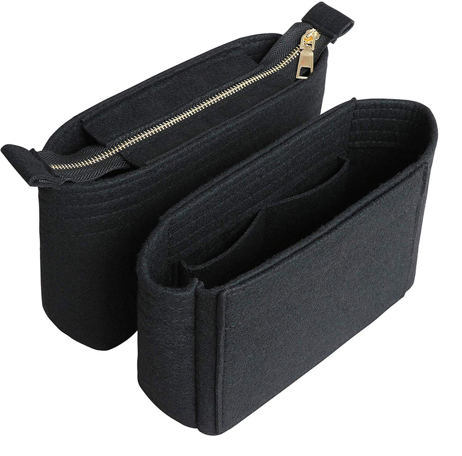 Felt Insert Bag Organizer with Zipper, Small Handbag Purse Organizer Tote Liner Pouch for Women, 2 Pcs Set Black