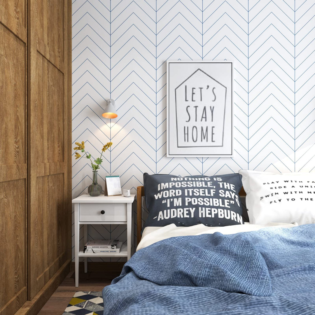 Peel and Stick Wallpaper Boho Wallpaper Modern Stripes Wallpaper for Bedroom Herringbone Wallpaper Blue and White Wallpaper Geometric Wallpaper Self-Adhesive Wallpaper Waterproof Wallpaper 17.7”×118 “