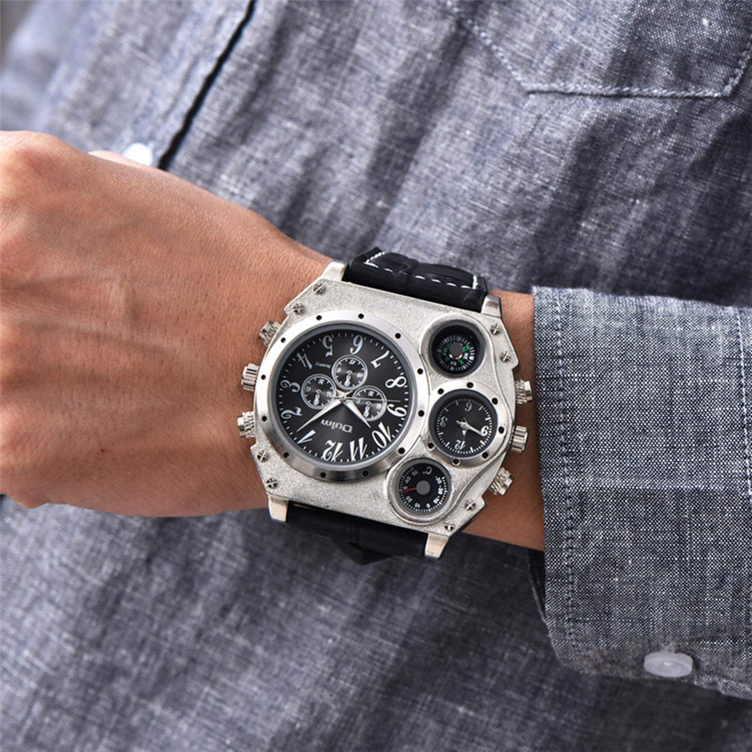 Mens Big Face Watch, Dual Time Zone Leather Strap Sport Watch, Analog Quartz Wrist Watch with Decorative Compass Thermometer Dial