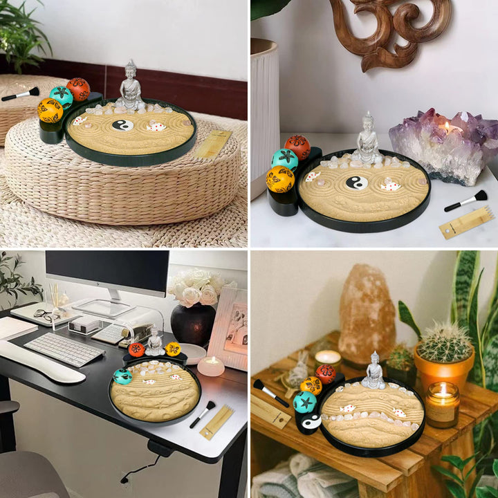 Japanese Meditation Buddha Zen Garden - Tabletop Crystal Rock Sand Zen Garden Kit for Desk Sandbox w/Zen Rake Stamp Spheres Accessories Tools Healing Stone Office Relaxation Zen Decor Zen Gifts