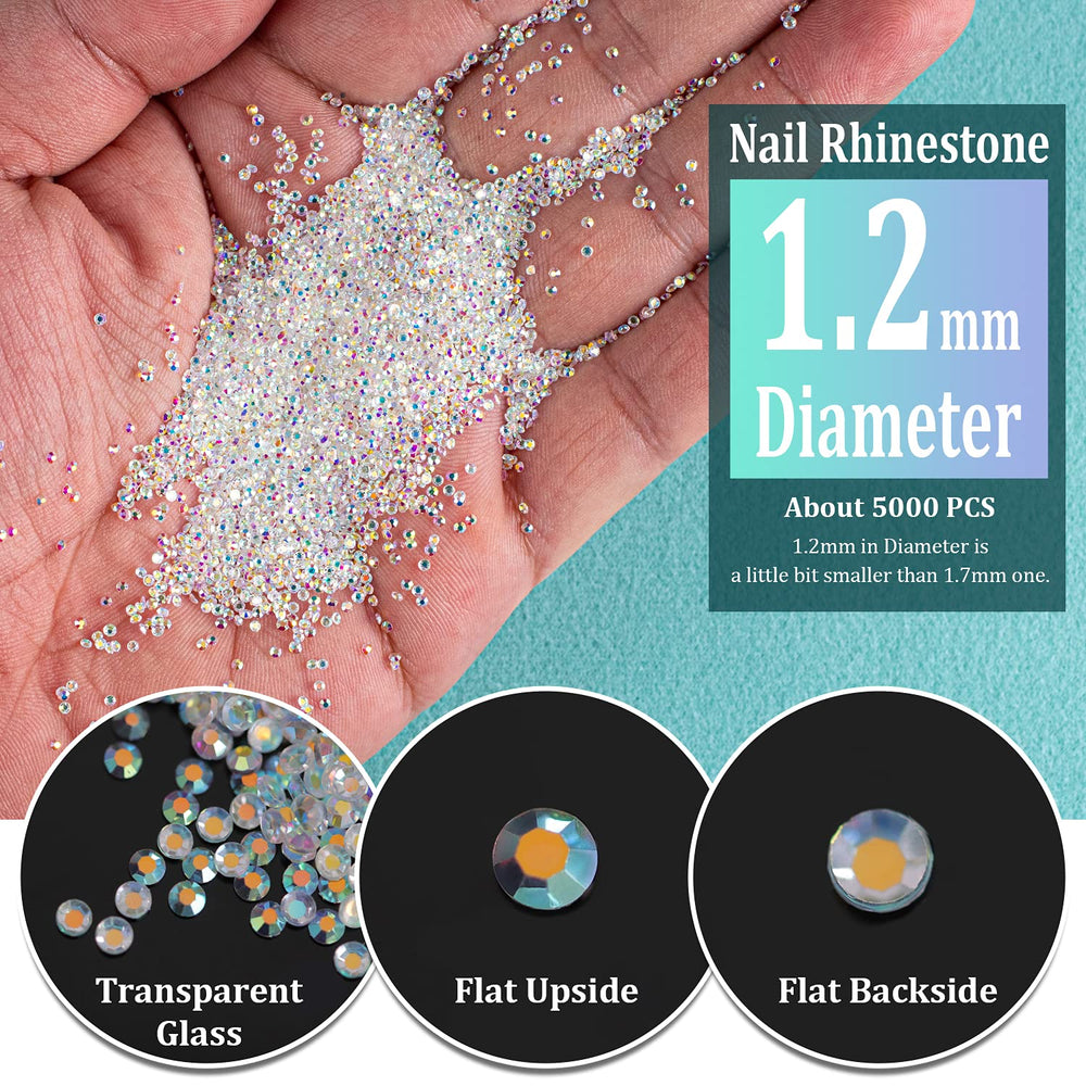 5000PCs 1.2mm Mini AB Glass Crystals for Nail Art Manicure Iridescent Long Lasting Like Swarovski Shine Rhinestone Bead Gem Jewelry Diamond