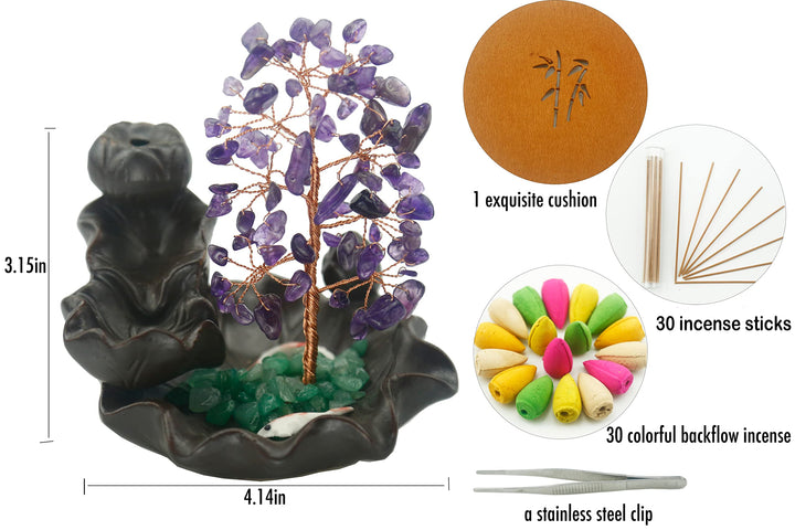 Ceramic Waterfall Incense Burner, Money Tree Backflow Holder Healing Crystal Stone, with 30 Cones + Stick for Yoga Meditation Home Zen Decoration(Amethyst)