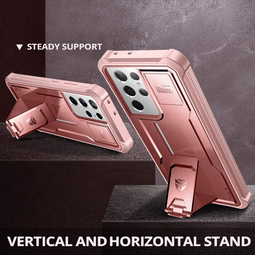 for Samsung Galaxy S21 Ultra Case, [Built in Screen Protector and Kickstand] Heavy Duty Military Grade Protection Shockproof Protective Cover for Samsung Galaxy S21 Ultra 5G, 6.8 inch Rose Gold