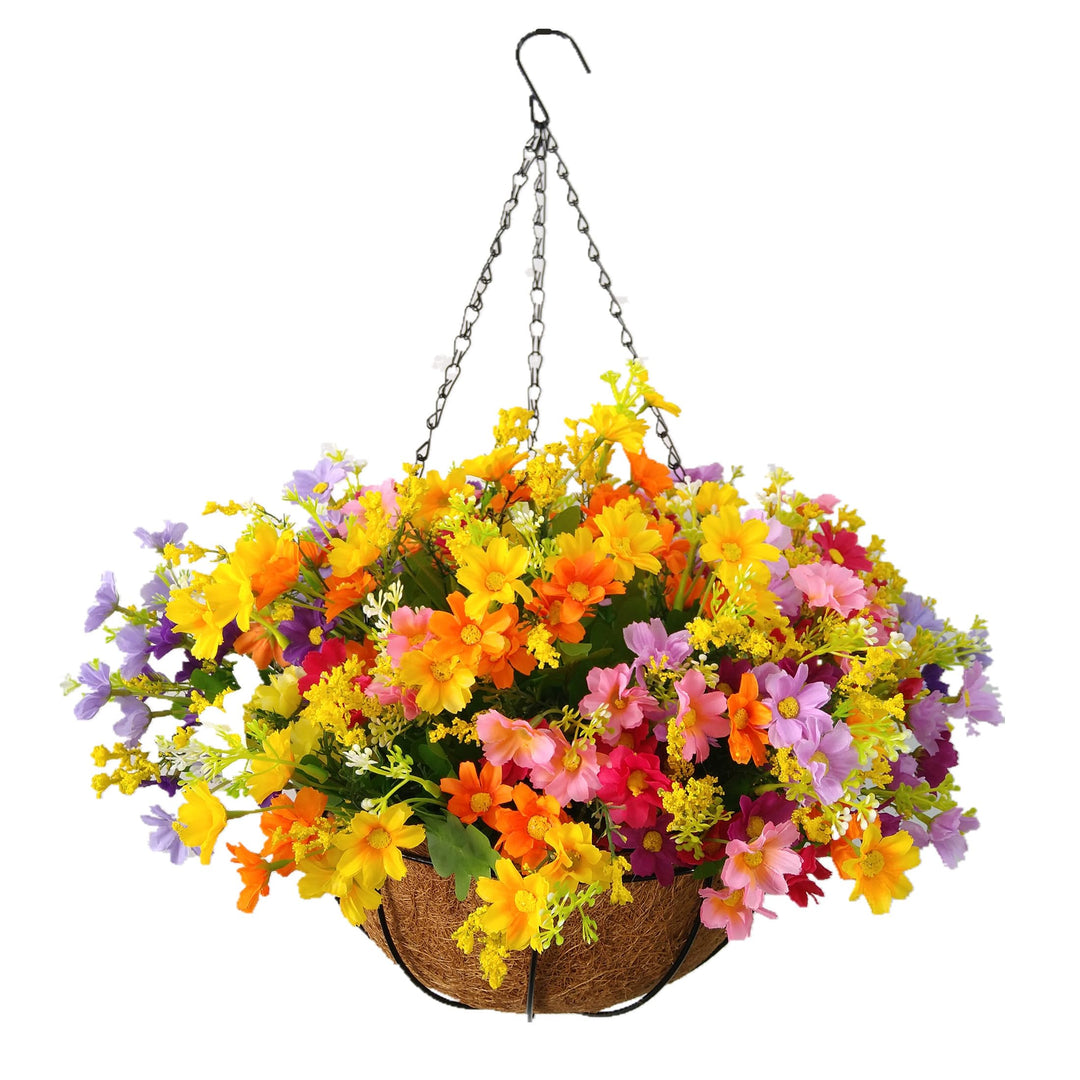 Flo Daisy Flower Artificial Hanging Plant Home Balcony Indoor Outdoor Decor Fake Flower Hanging Basket with Chain Flowerpot (Small Basket with Silk Flowers)