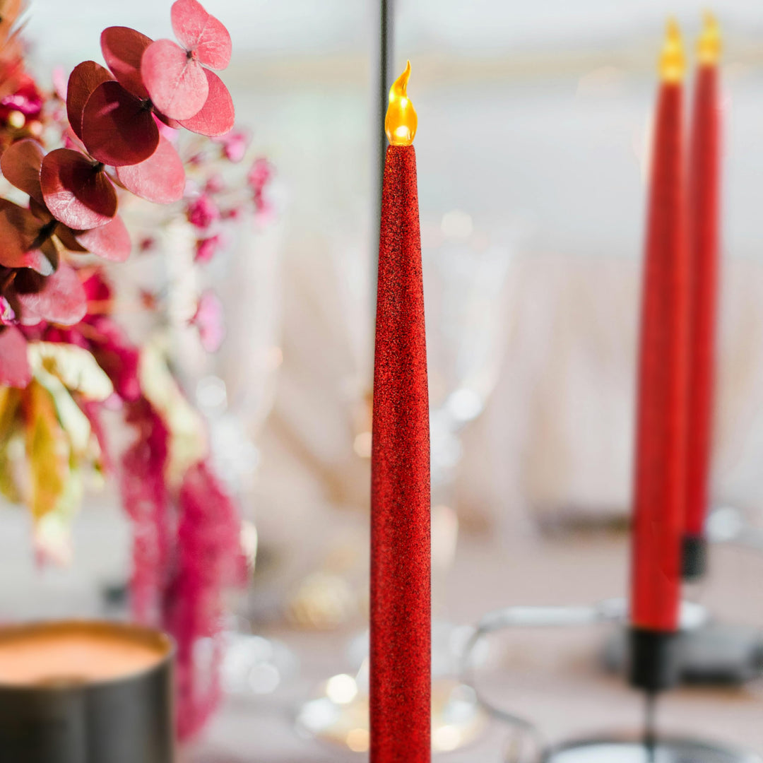 Red Glitter LED Candles - Flickering Flameless Taper Candles with 6/18 Hour Timer, Battery Operated for Safety and Elegance, Pack of 6