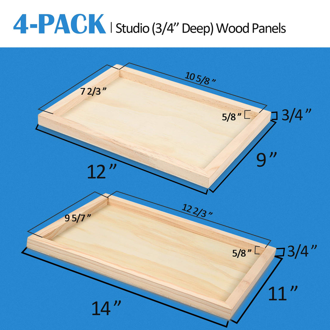 Unfinished Birch Wood Canvas Panels Kit, 4 Pack of 2 Sizes 11x14&#39; and 9x12&#39; Studio 3/4’’ Deep Cradle Boards for Pouring Art, Crafts, Painting, and More