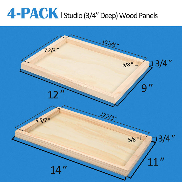 Unfinished Birch Wood Canvas Panels Kit, 4 Pack of 2 Sizes 11x14&#39; and 9x12&#39; Studio 3/4’’ Deep Cradle Boards for Pouring Art, Crafts, Painting, and More