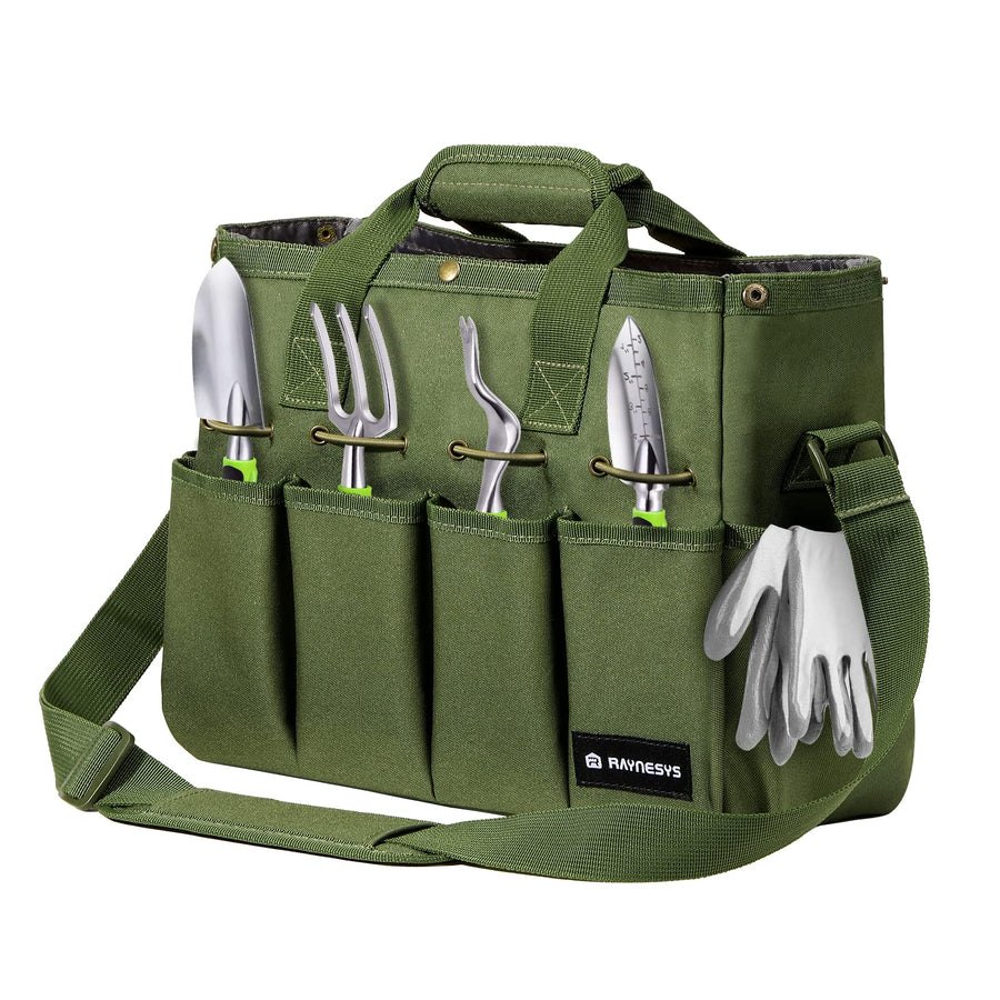 Garden Tote Bag, Gardening Tool Bag Organizer with Pockets & Handle, 900D Heavy Duty Garden Storage Bag with Long Adjustable Shoulder Strap for Tools, Green