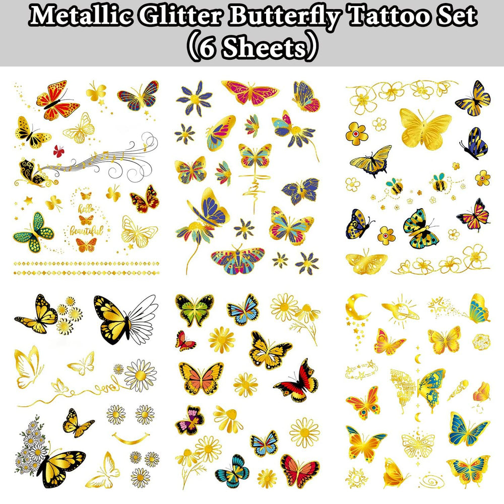 115 Styles Metallic Glitter Butterfly Temporary Tattoos, Long Lasting Butterfly Tattoo Stickers for Girls Women, Butterfly Party Decorations Supplies Favors (6 Sheets)