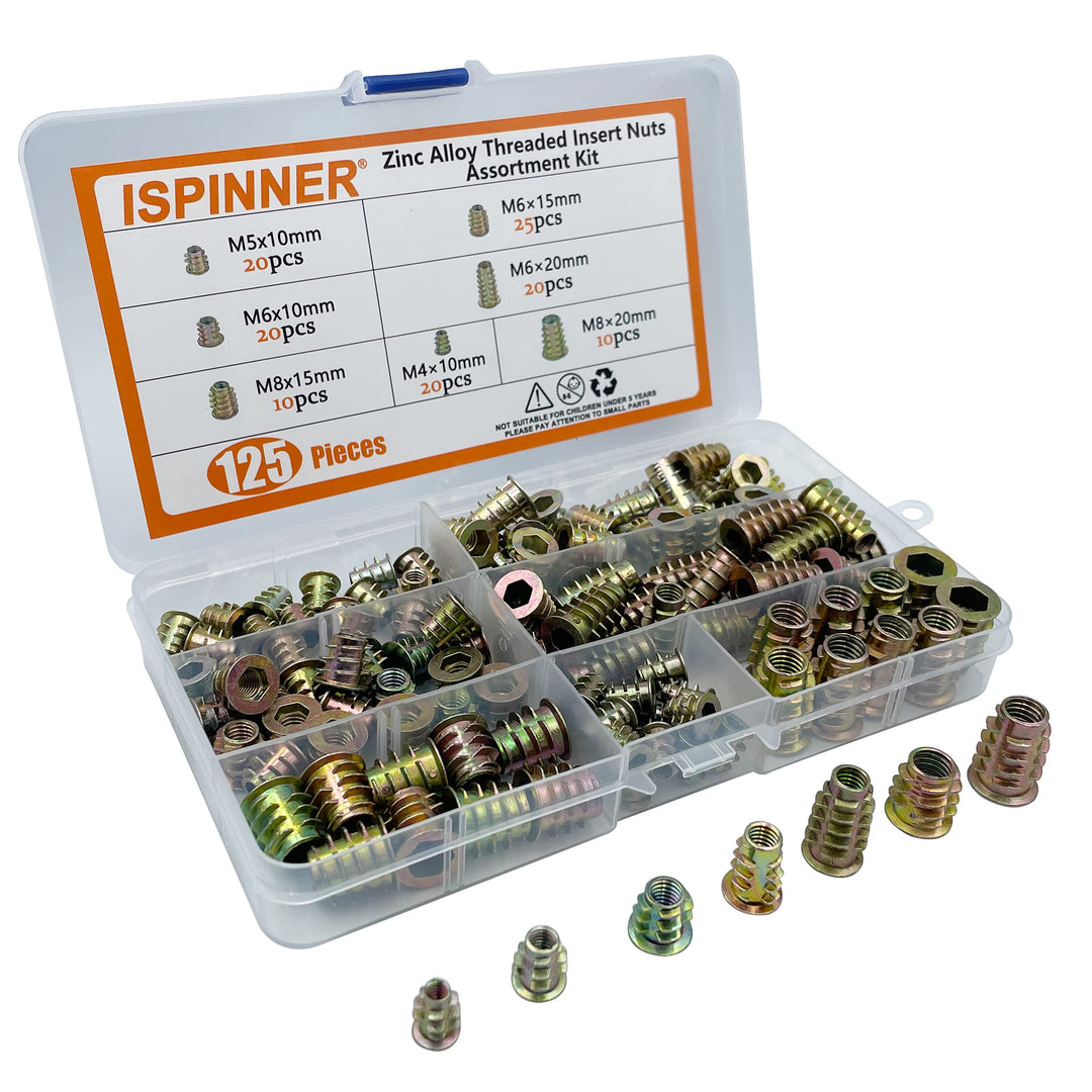 125pcs Metric Threaded Insert Nut Assortment Kit, Zinc Alloy Wood Inserts Bolt Fastener Hex Socket Drive Nut, Screw in Nut for Wood Furniture