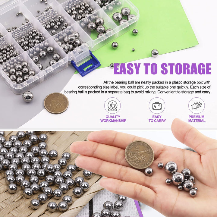330Pcs 16 Size 1mm 2mm 2.5mm 3mm 3.5mm 4mm 4.5mm 5mm 5.5mm 6mm 7mm 8mm 9mm 10mm 11mm 12mm Metric Steel Loose Bicycle Bearing Steel Ball Precision Balls Assortment Kit for Bicycles Casters