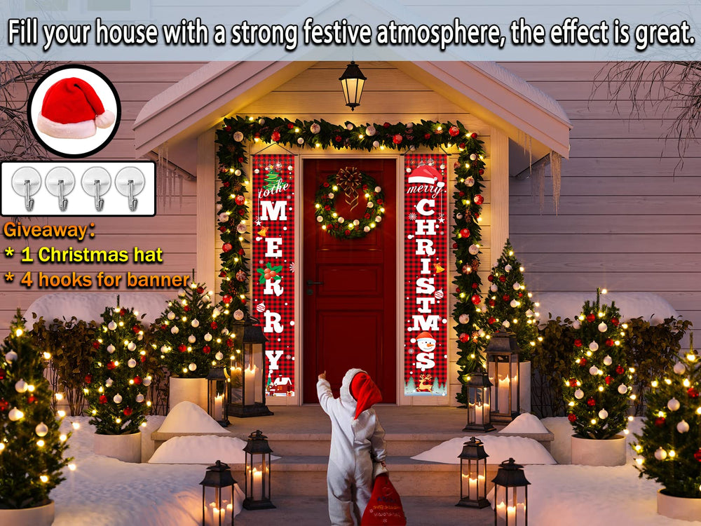 Merry Christmas Banner(2+1Pack)-Waterproof&Reusable&Fade Resistant Christmas Porch Signs-Christmas Porch banner decoration for yard indoor outdoor front door party,Include a christmas hat