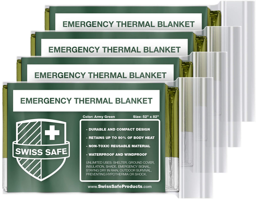 4 Pack Mylar Emergency Blankets for Survival - Compact &amp; Insulated for Cold Weather - Designed for NASA, Outdoor, Running, Camping, Survival, First Aid Car Kit - Army Green, 4 Pack