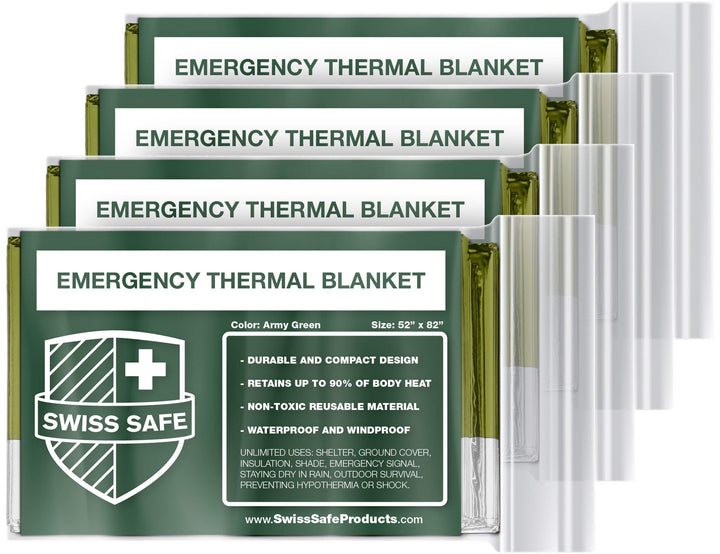 4 Pack Mylar Emergency Blankets for Survival - Compact &amp; Insulated for Cold Weather - Designed for NASA, Outdoor, Running, Camping, Survival, First Aid Car Kit - Army Green, 4 Pack