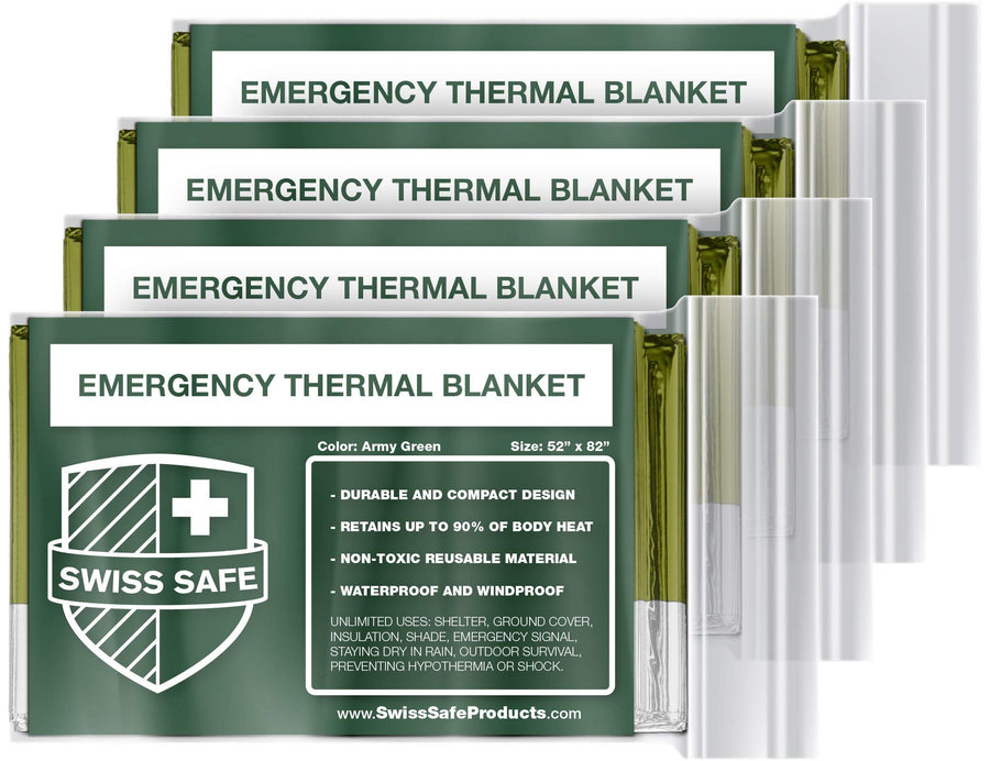 4 Pack Mylar Emergency Blankets for Survival - Compact & Insulated for Cold Weather - Designed for NASA, Outdoor, Running, Camping, Survival, First Aid Car Kit - Army Green, 4 Pack