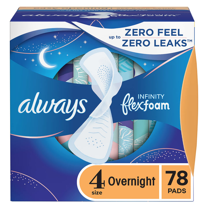 Always Infinity Feminine Pads for Women, Size 4 Overnight Absorbency, Multipack, with Flexfoam, with Wings, Unscented, 26 Count x 3 Packs (78 Count Total)