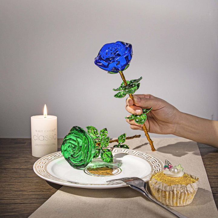 HDCRYSTALGIFTS Crystal Rose Flower Glass Blue and Green