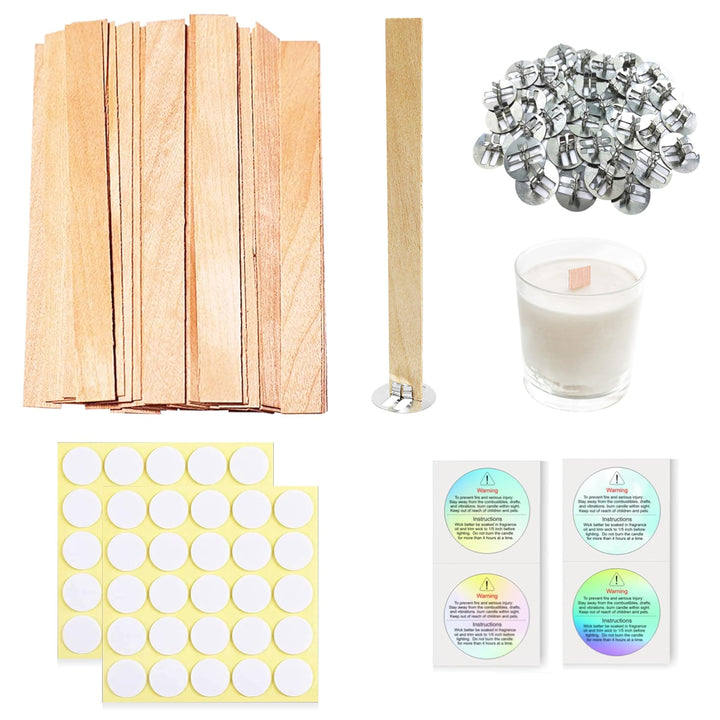 200 Pcs Thickned Wooden Candle Wicks. 5.1 X 0.5 X 0.06 Inch Upgrade Crackling Wooden Wicks, Long Lasting Smokeless Wood Wicks with Iron Standers, Wick Stickers, and Warning Labels- 50 Sets