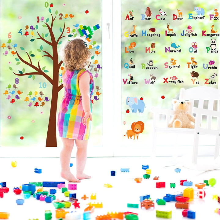 3 Sheets Animal Alphabet Decals ABC Numbers Kids Wall Stickers Alphabet Tree Children Wall Decals Removable Peel and Stick Wall Stickers for Kids Nursery Bedroom Living Room