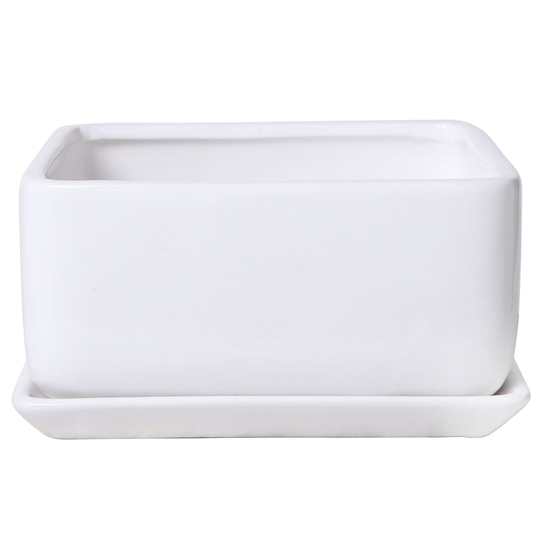 Modern White Ceramic Square Indoor Small Planter, Flower Succulent Plant Pot with Drainage Hole and Removable Drip Tray