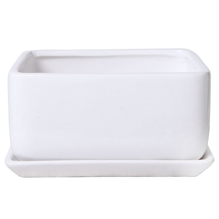 Modern White Ceramic Square Indoor Small Planter, Flower Succulent Plant Pot with Drainage Hole and Removable Drip Tray