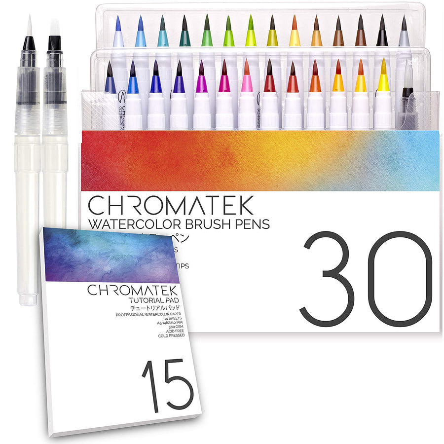 30 Watercolor Brush Pens - 15 Page Tutorial Pad and Online Video Series - Real Brush Tip, Vivid, Blendable - Professional Artist Quality - 27 Colors - 3 Aquapens